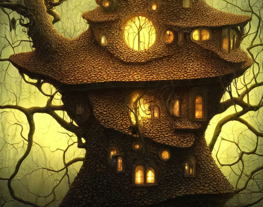 Whimsical glowing treehouse in mystical forest