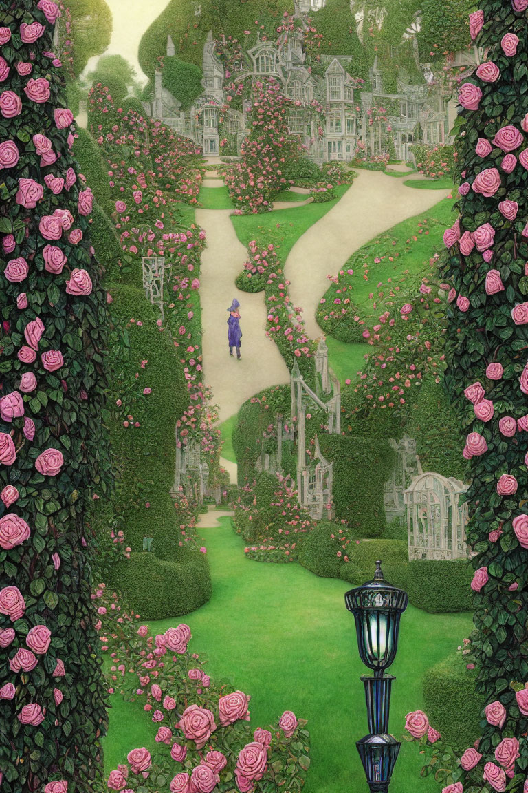 Verdant Victorian garden with pink rose bushes and street lamp