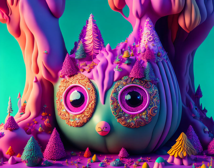 Colorful Landscape with Whimsical Creature and Fantastical Trees