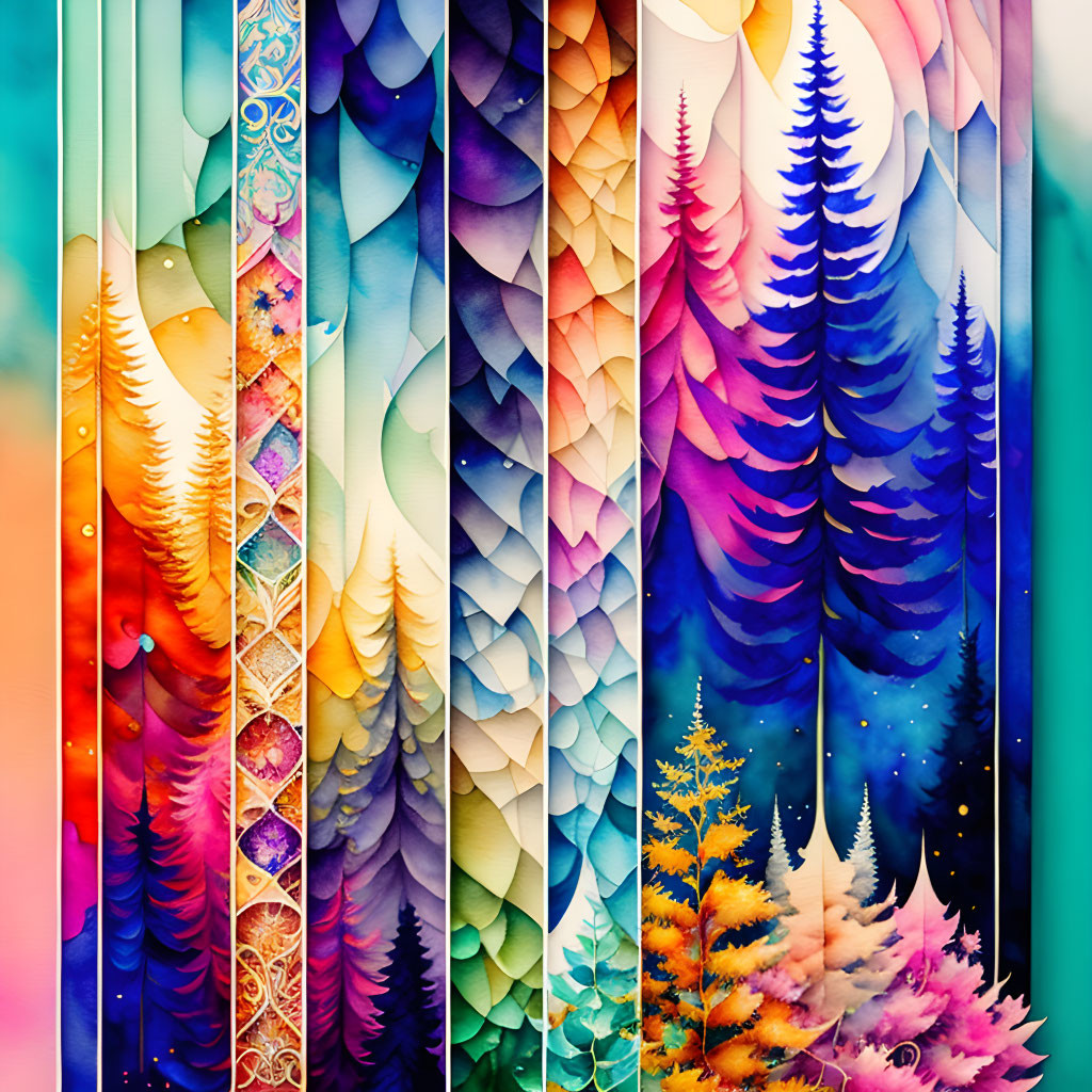 Vibrant panels depict stylized trees in seasonal color transitions