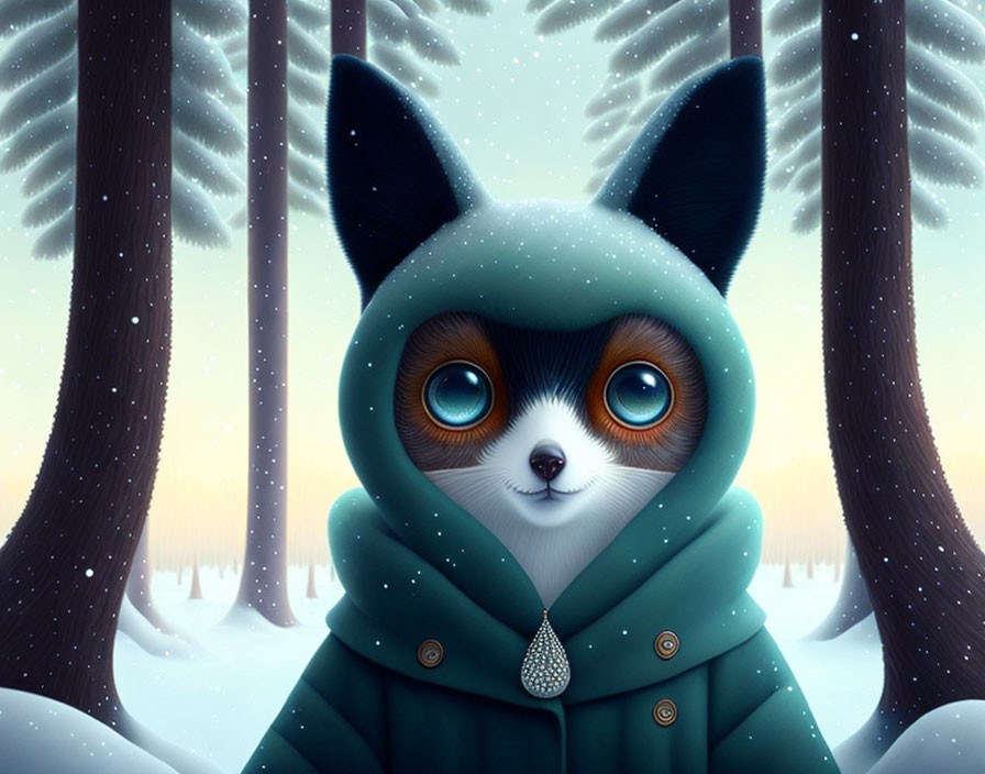 Anthropomorphic Fox in Green Hooded Jacket in Snowy Forest