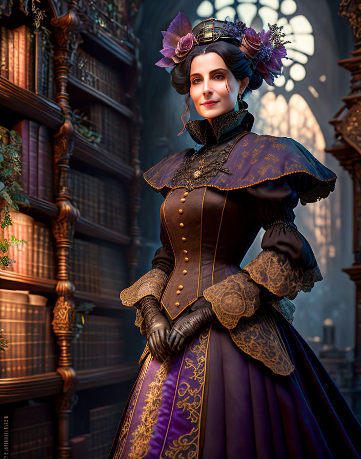 Victorian-era woman in intricate dress poses in front of a library