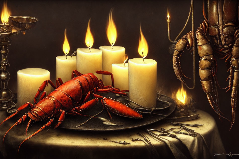 Still Life Image: Lobster, Crab, Candles, Goblet on Table