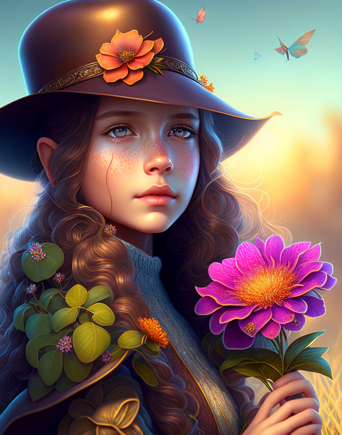 Digital artwork: Girl with long wavy hair, flower hat, holding purple flower, sunset backdrop