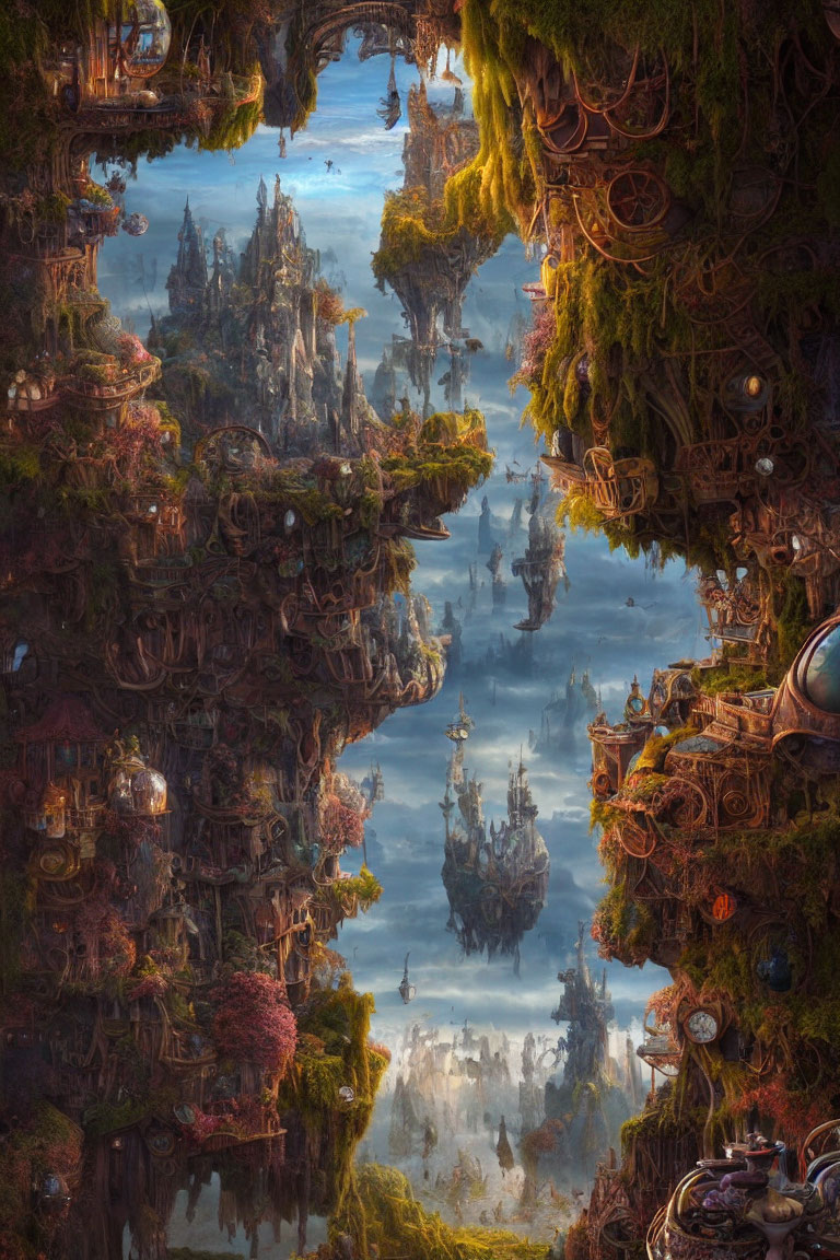 Symmetrical fantasy landscape with intricate cities and gravity-defying structures