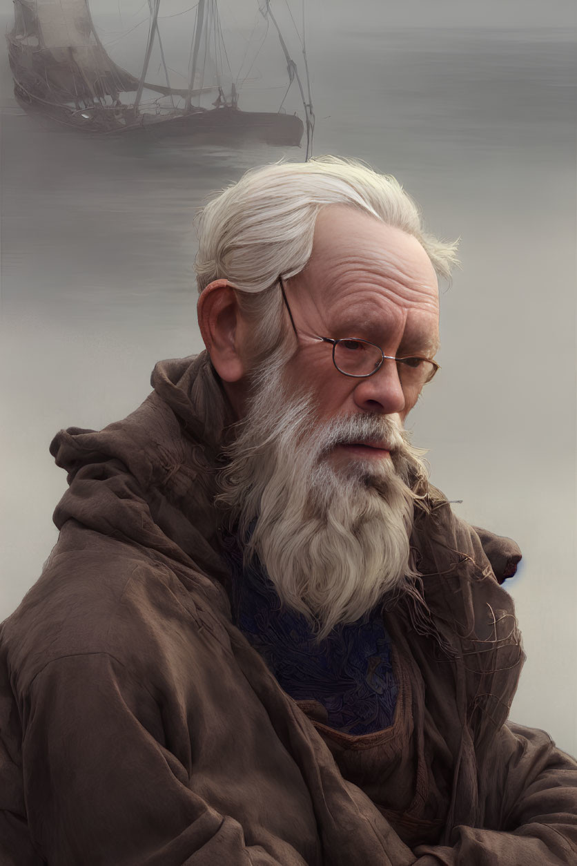 Elderly man with white beard and sailboat in misty background