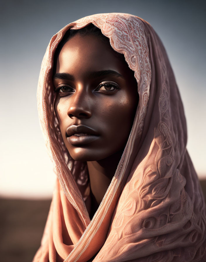 Portrait of Woman in Peach Headscarf with Lace Detail on Soft Background