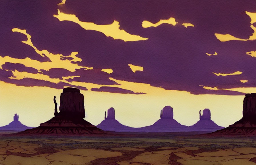 Cartoon desert buttes under purple sky with yellow clouds