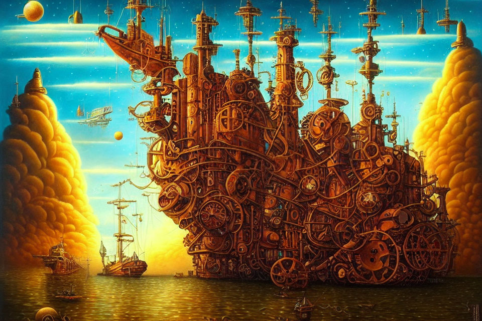 Steampunk ship with gears and mechanical structures above the sea at sunset