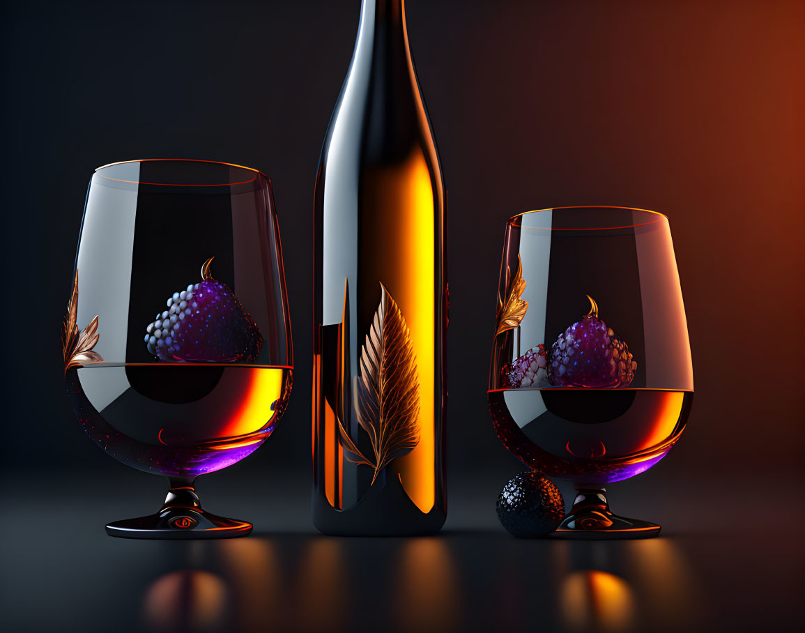 Red wine glasses with grape and wheat decor beside elegant bottle on dark background