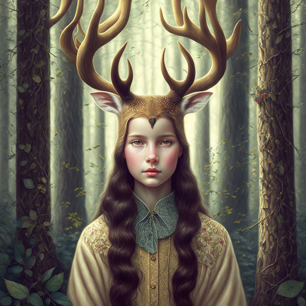 Female creature with deer antlers and ears, golden eyes, brown hair, yellow dress in forest