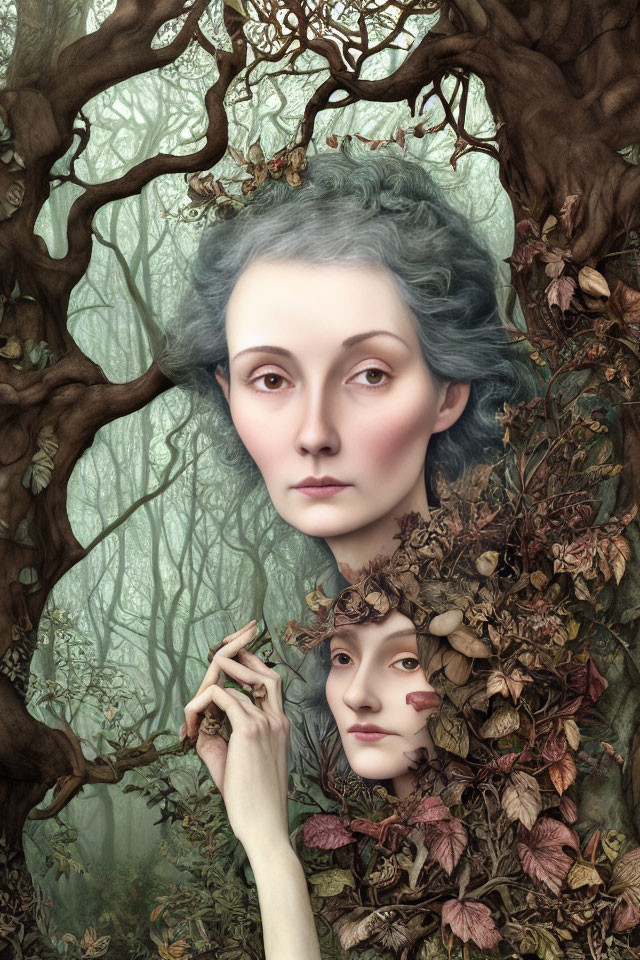 Surreal portrait of woman with pale blue hair and twisted tree background