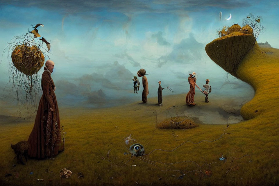 Surreal landscape with robed figure, birds, nests, and whimsical night sky