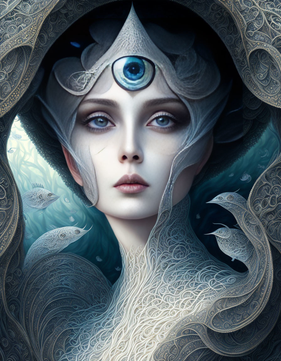 Fantasy illustration of pale-skinned woman with third eye and sea-inspired patterns