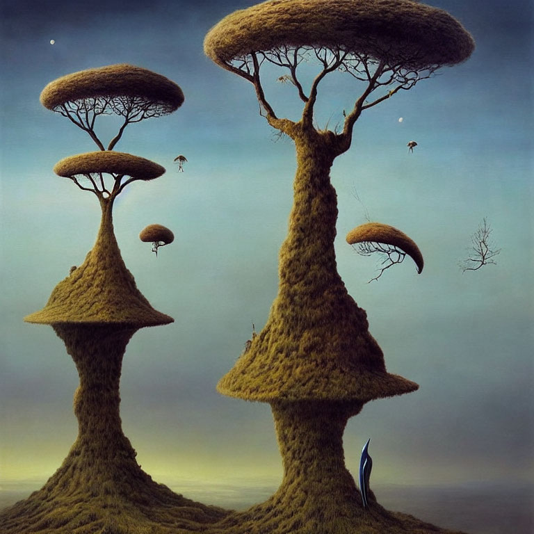 Surreal painting of mushroom-like trees under dusky sky with floating islands