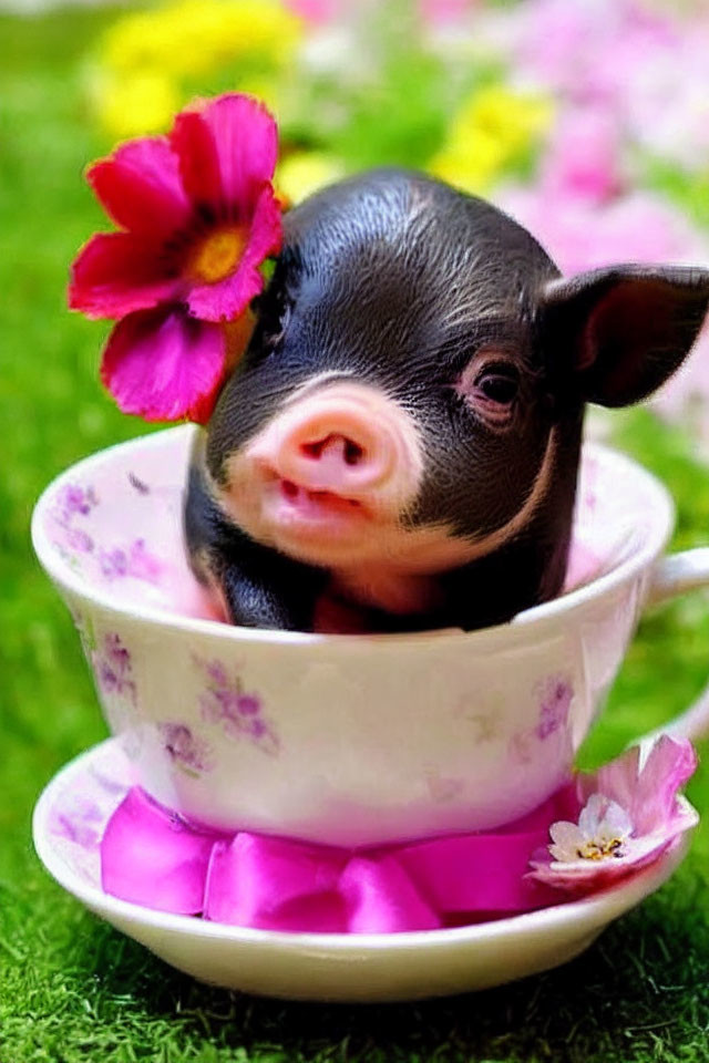 Adorable piglet in tea cup with pink flower, grassy background