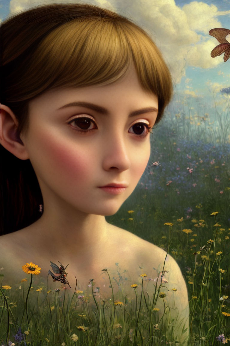 Digital painting of young girl in sunny field with butterflies