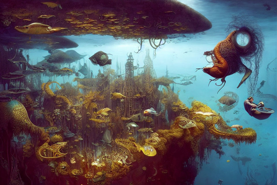 Diverse Underwater Creatures in Sunken City with Rowing Person