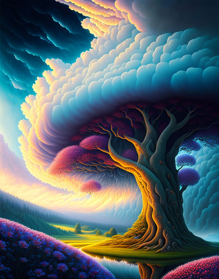 Vibrant tree painting with multicolored leaves under surreal sky