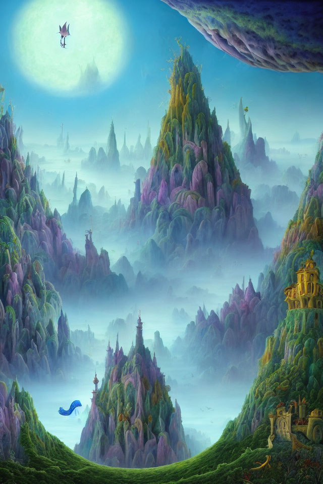 Vibrant fantasy landscape with colorful mountains, flying dragon, ethereal castles, and green moon