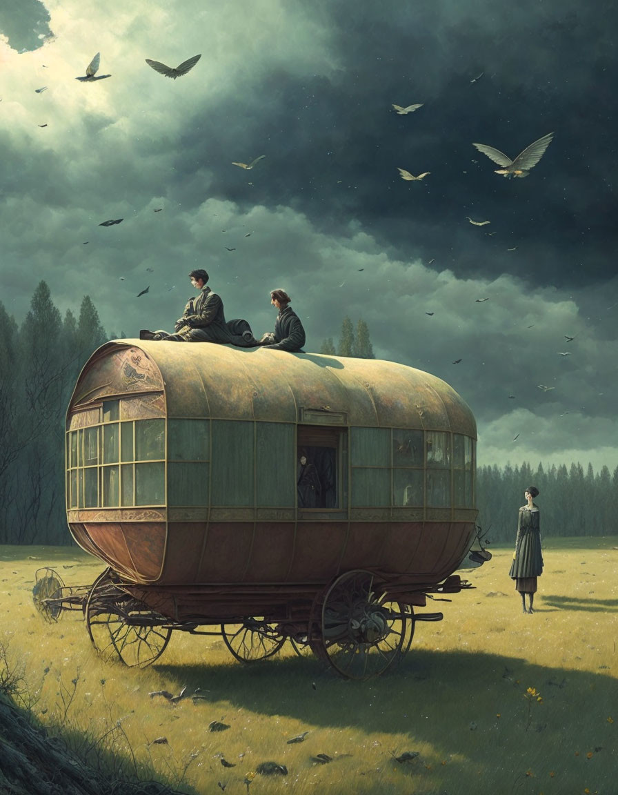 Surreal caravan scene with individuals, woman, and birds in dimly lit meadow