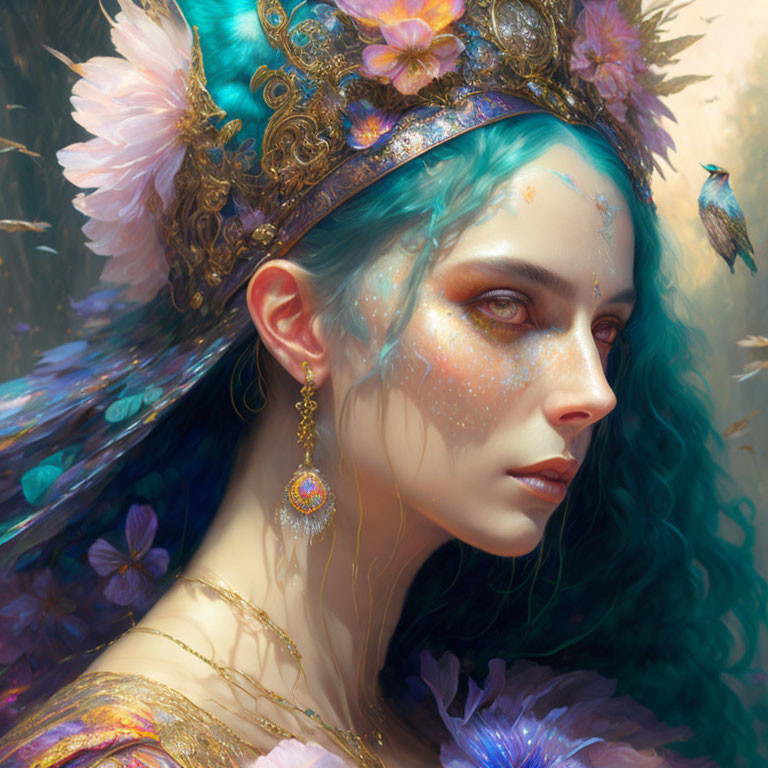 Teal-haired woman in fantasy portrait with flower crown and jewels