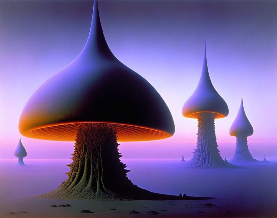 Surreal landscape with large mushroom structures under purple sky