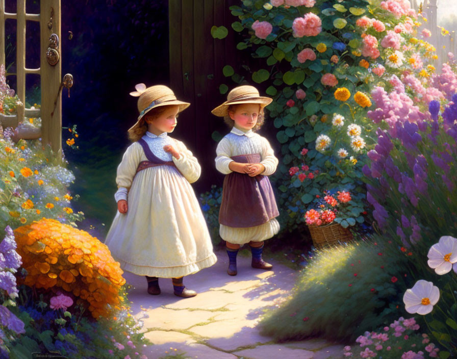 Vintage dresses and hats: Young girls with flower basket by flower-lined path