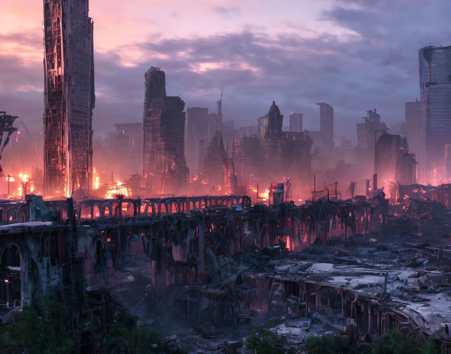 Dystopian cityscape at dusk: crumbling buildings, fires, hazy purple sky