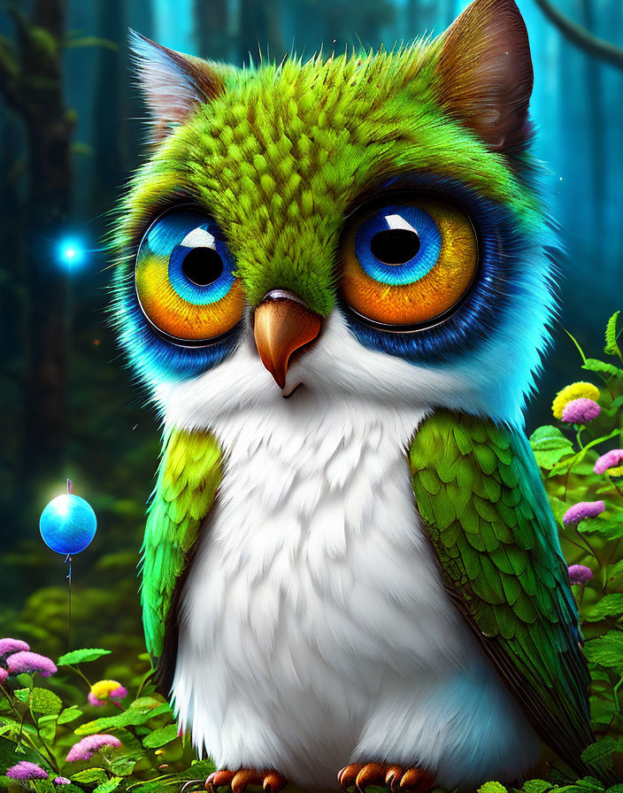 Whimsical green owl with expressive blue eyes in mystical forest