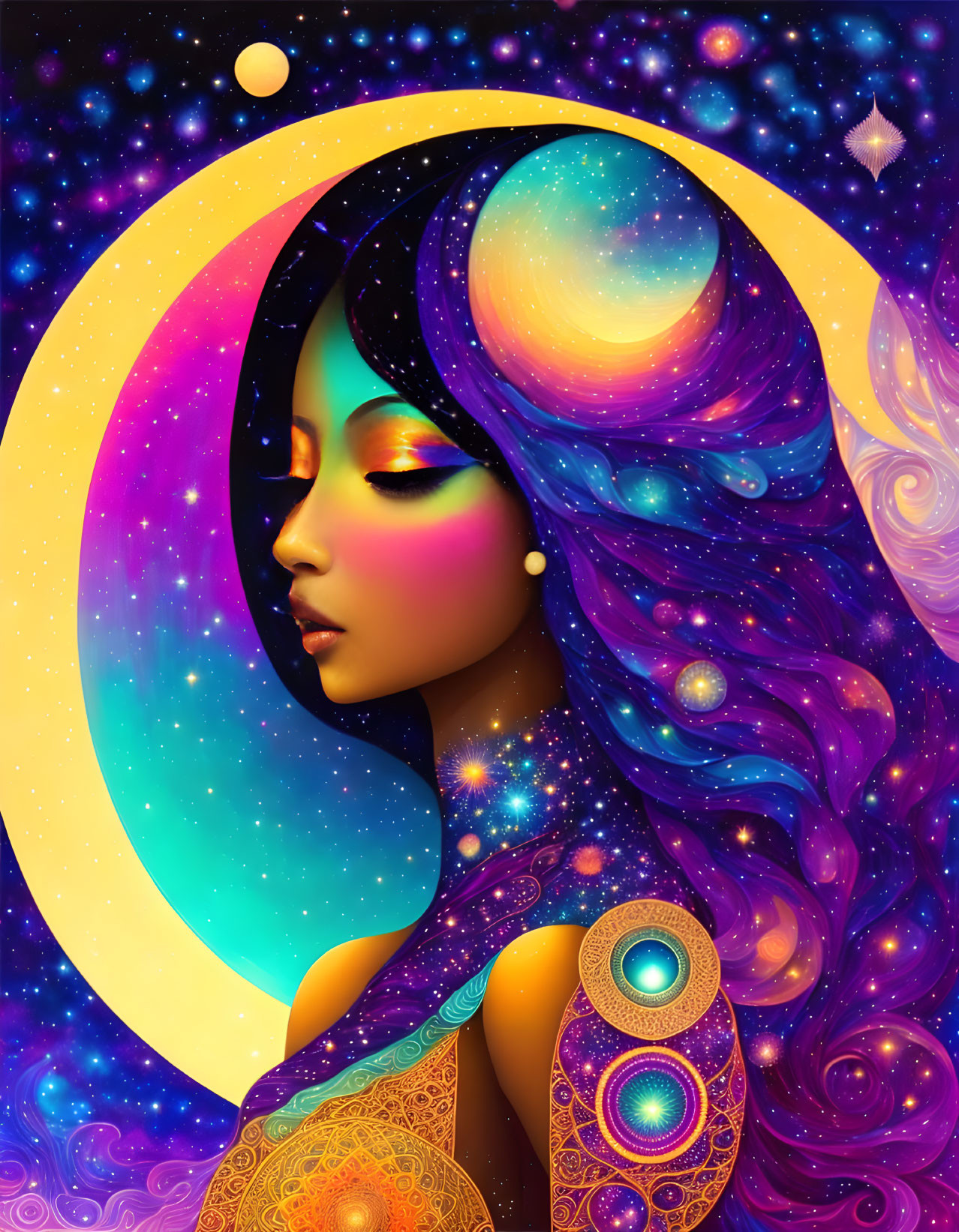 Cosmic-themed woman with starry hair and moon motif illustration