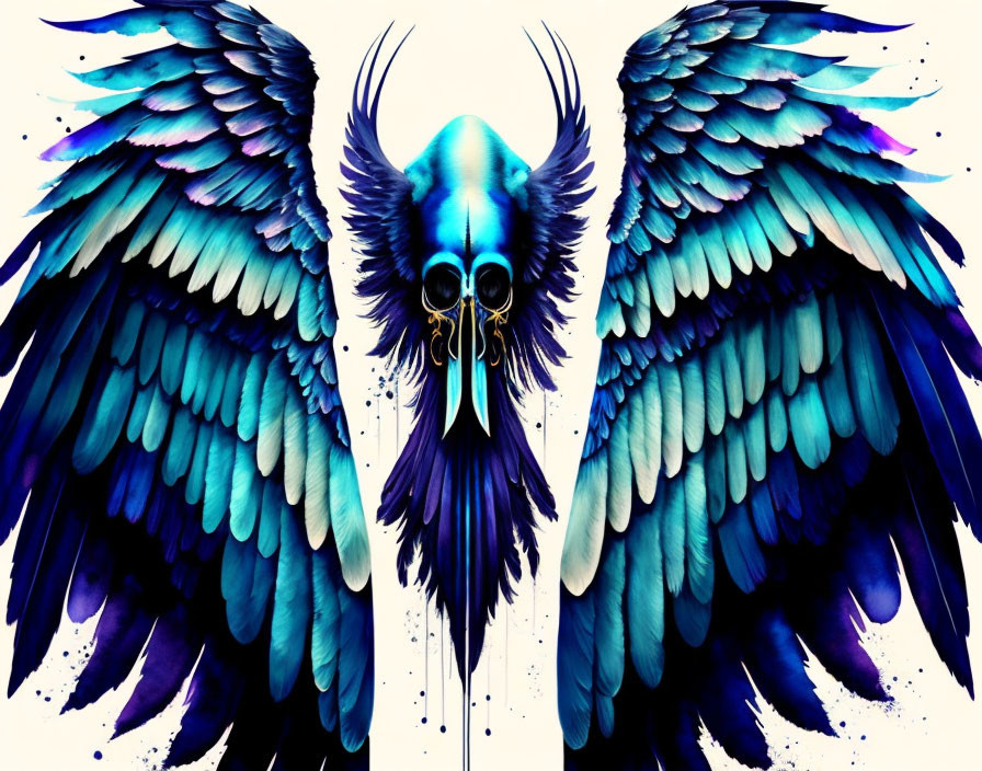 Symmetrical bird with blue wings and skull face in aviator goggles