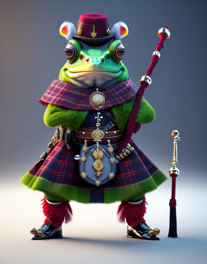 Anthropomorphic frog in Scottish attire with kilt, sporran, and bagpipes