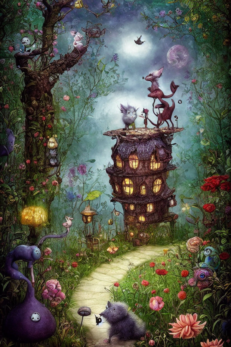 Mystical forest night scene with whimsical treehouse and glowing moonlit sky