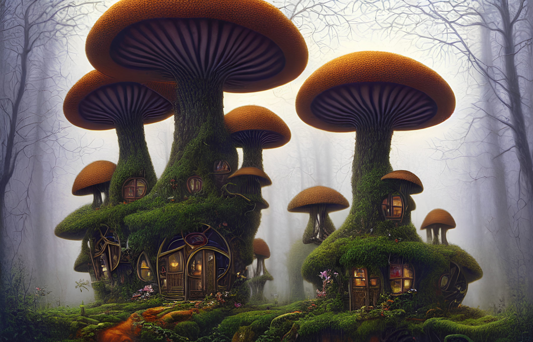 Fantasy illustration: oversized mushroom village in misty forest