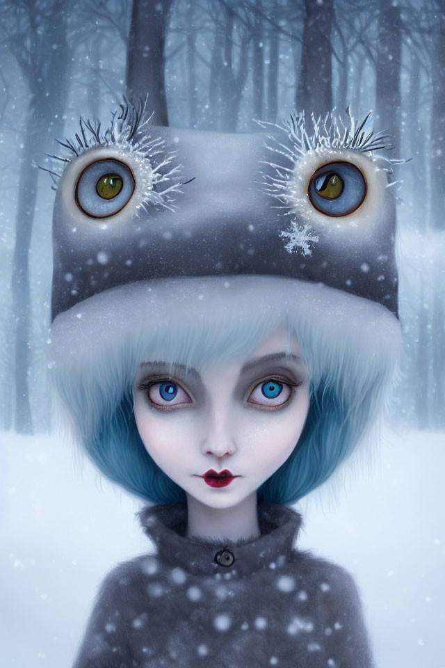 Illustration of person with expressive eyes in whimsical creature hat against snowy backdrop