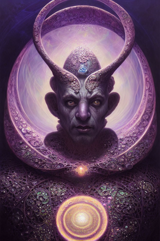 Mystical horned figure with intricate patterns on skin in purple and gold designs