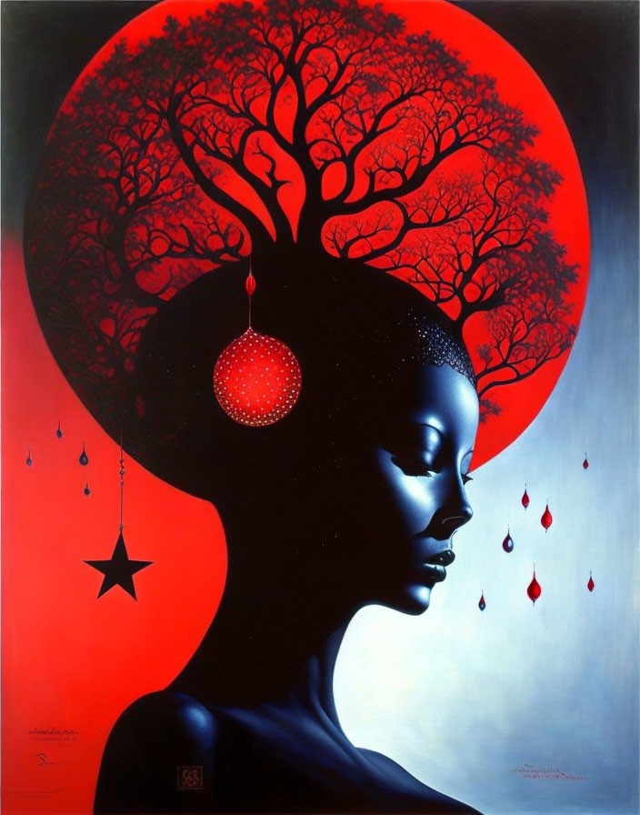 Stylized painting of African woman with red moon and tree branch hair.