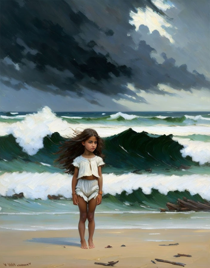 Young girl on beach with storm clouds and crashing waves