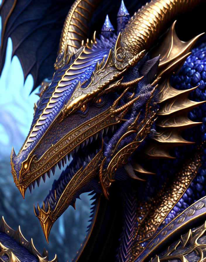 Blue and gold dragon with intricate scales and horns