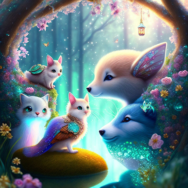 Enchanting fantasy scene with mystical animals and luminous elements