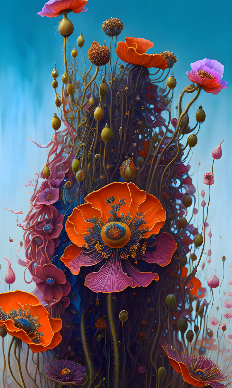 Colorful digital artwork featuring assorted poppies in bloom on blue gradient background