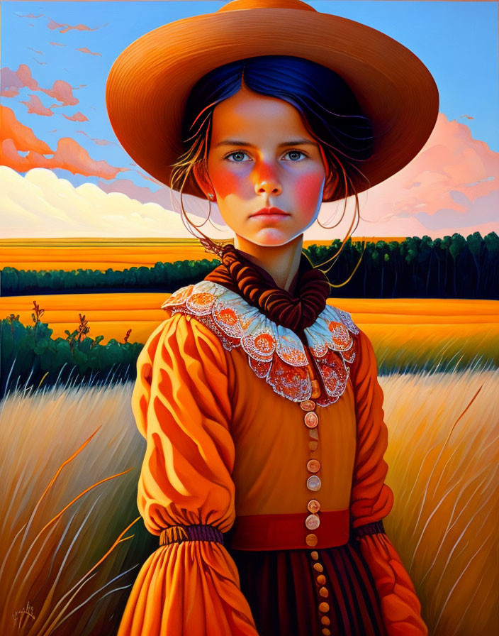 Portrait of Young Girl in Blue-Eyed Hat and Orange Dress in Sunset Field