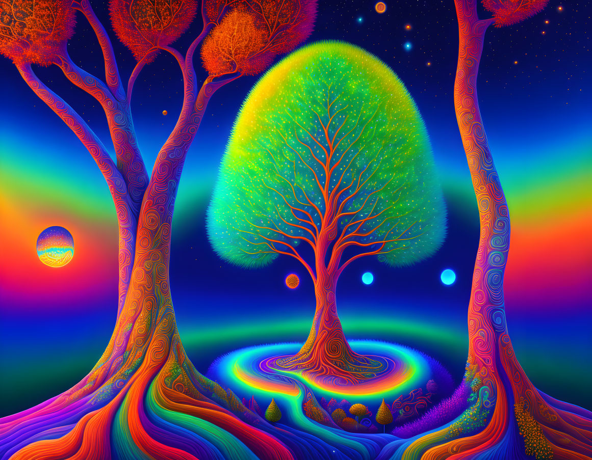 Colorful swirling patterns and glowing trees in a fantastical landscape.