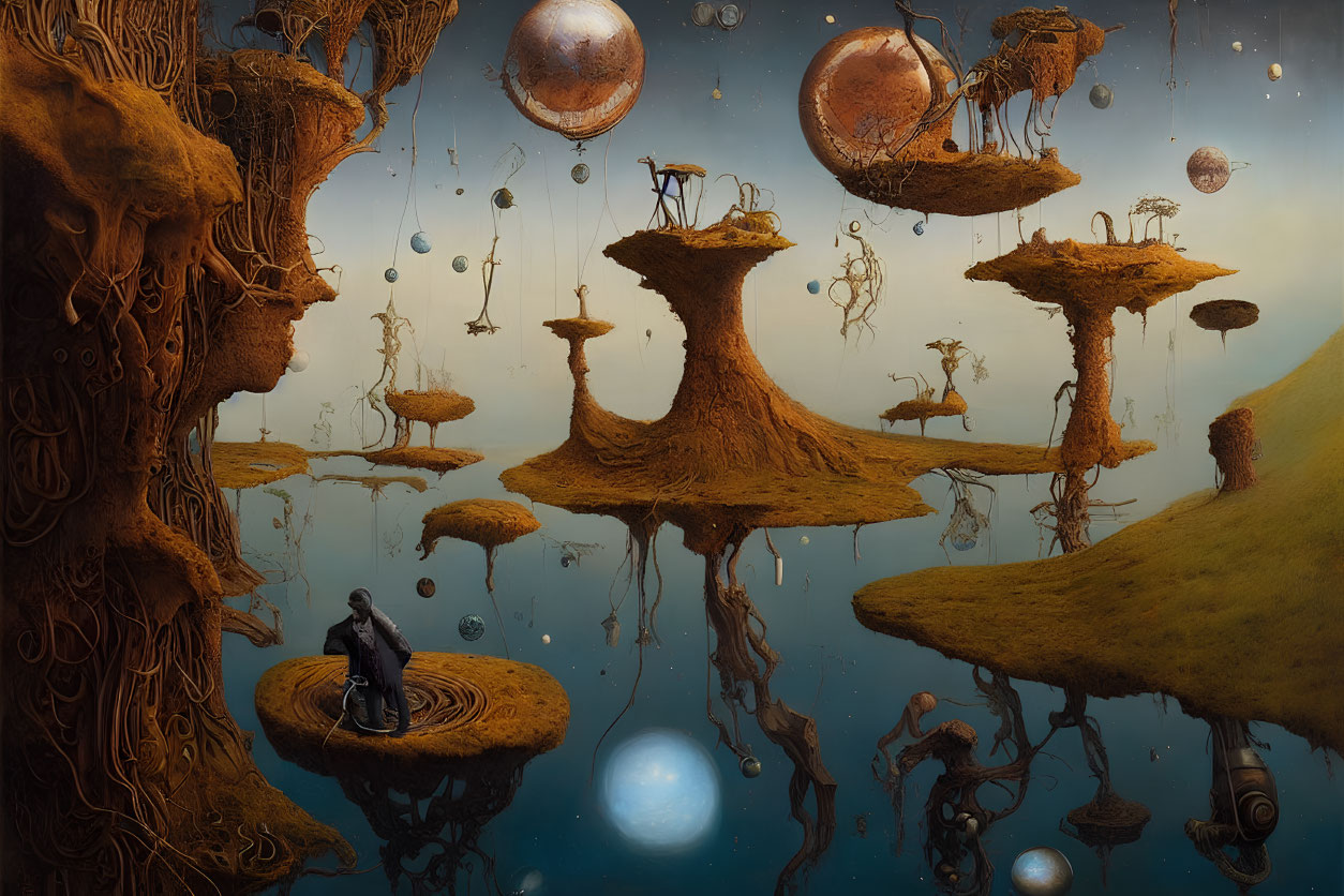 Surreal landscape with floating islands and celestial orbs