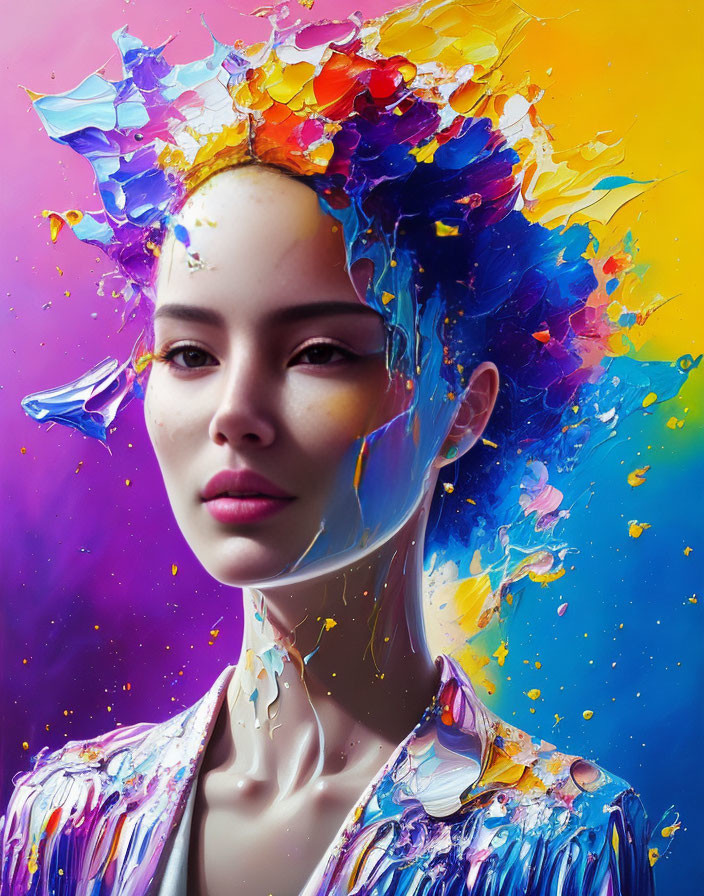 Multicolored paint creating dynamic headpiece on woman's face and jacket