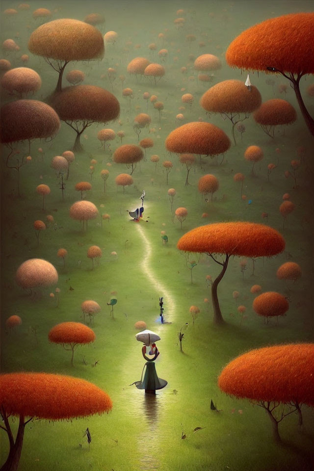 Fantasy forest scene with orange mushroom trees and cloaked figure walking.