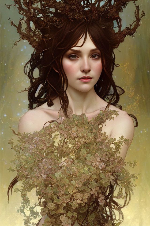 Digital artwork featuring woman with tree branch antlers, dark hair, and leaf cloak.