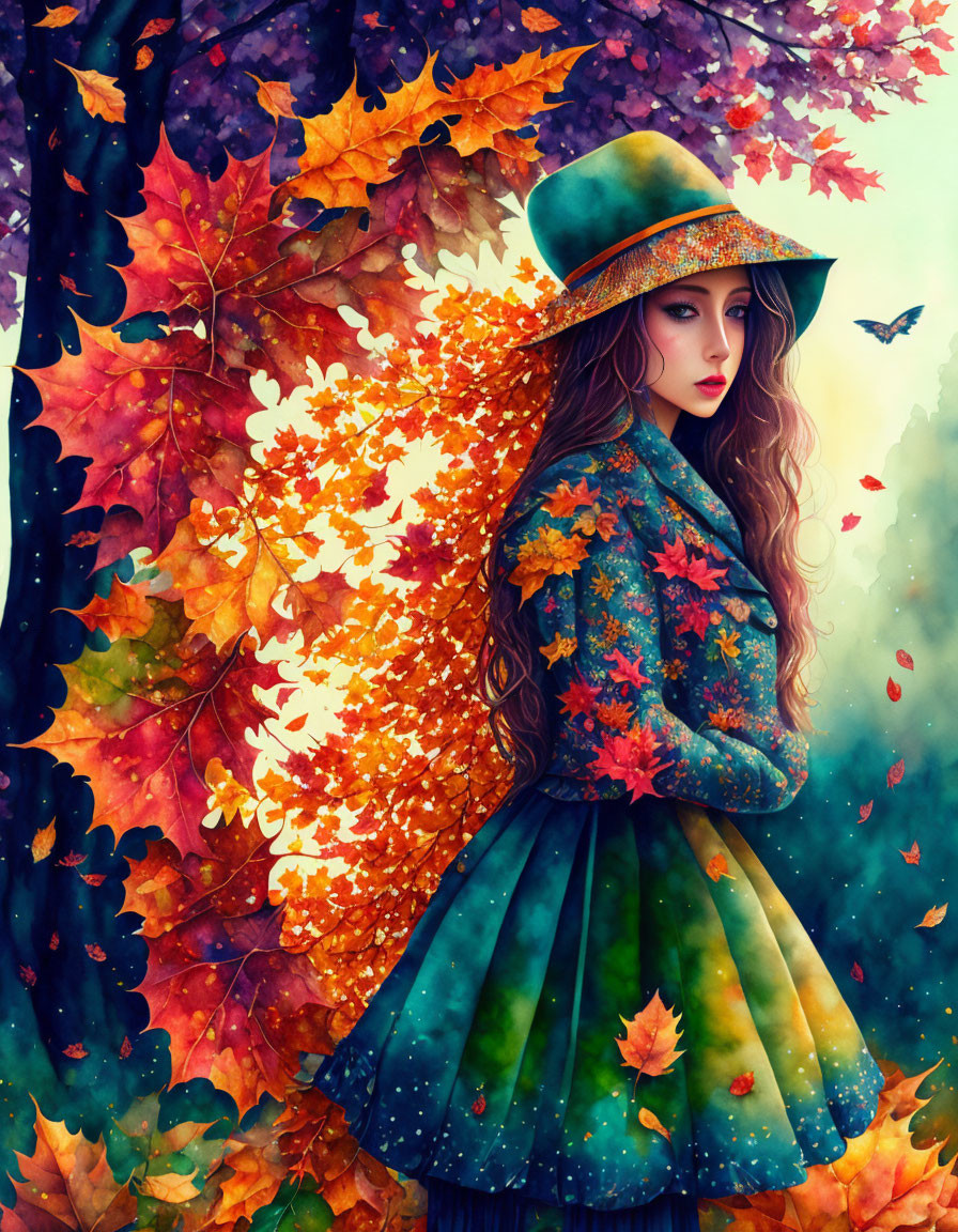 Illustration of woman in green hat and coat amid autumn foliage