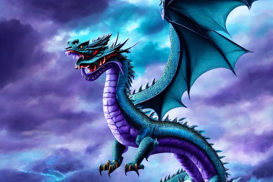 Blue-Scaled Dragon with Large Wings in Dramatic Purple Sky